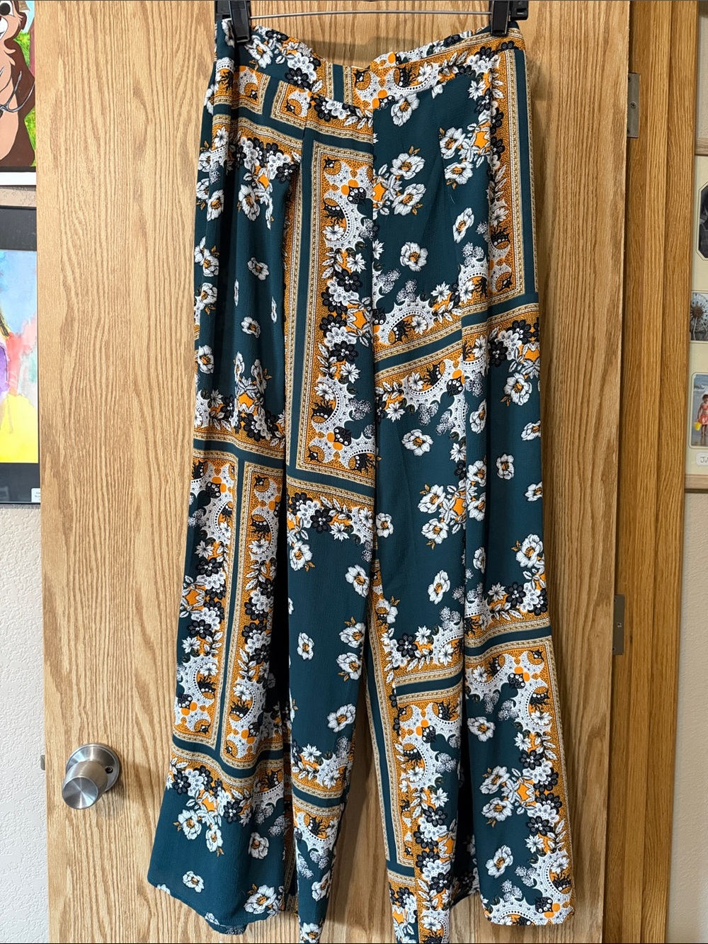 Umgee Teal and Mustard Floral Patchwork Wide-Leg Pants